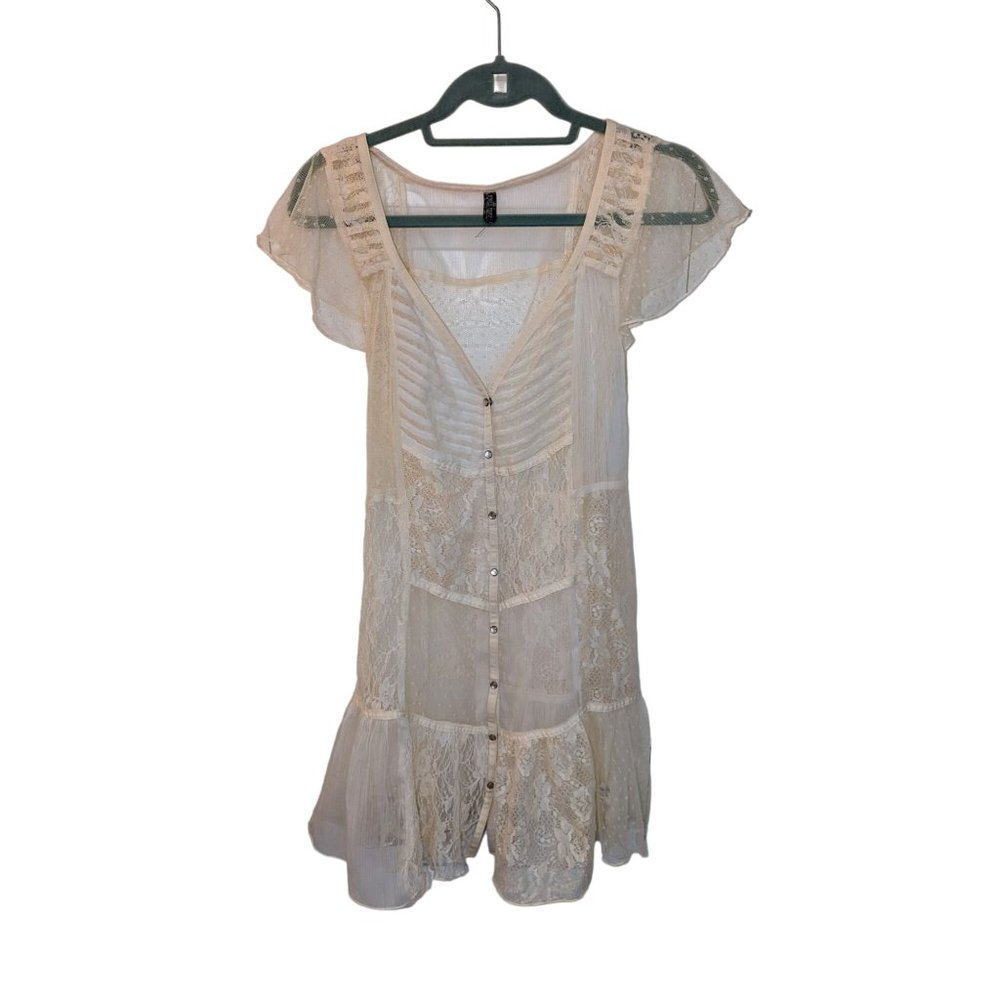 Free People Cream Lace Button Down Medium Shear Dress